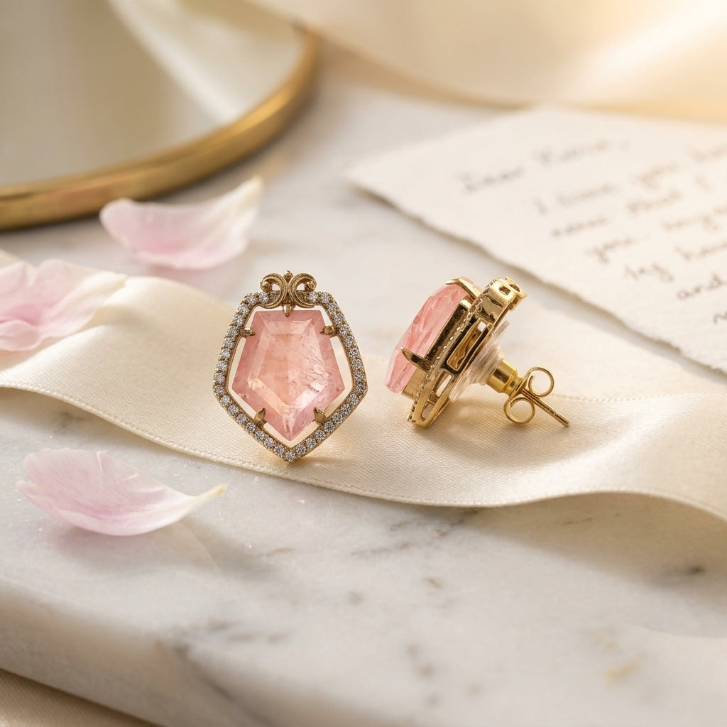 Blush Pink Gemstone Stud Earrings in Gold with Diamond Halo