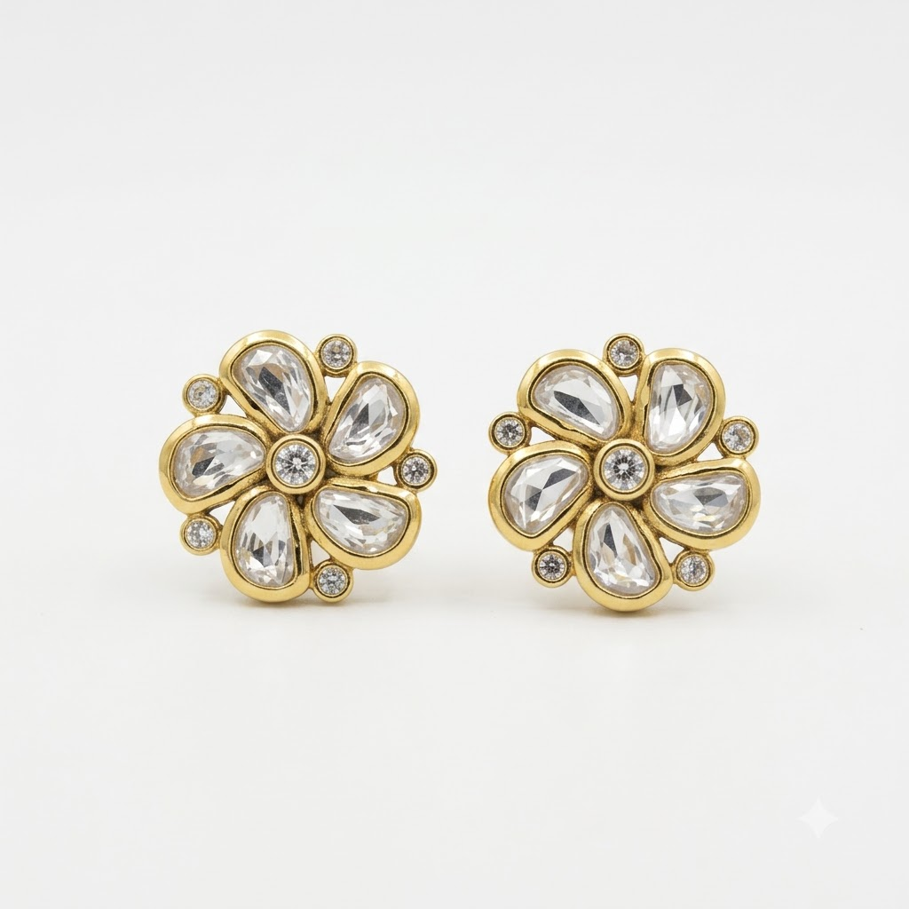 Vedilora Kundan Floral Stud Earrings – Elegant Gold-Tone Statement Jewellery