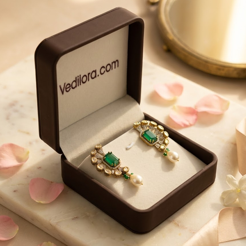 Vedilora Kundan Pearl Drop Earrings – Green & Pink Statement Ethnic Jewellery