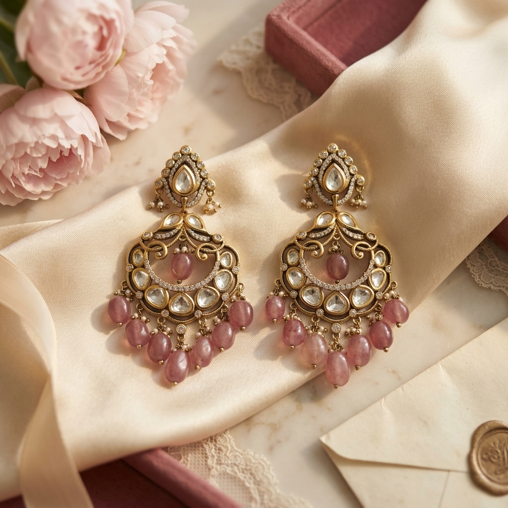 Royal Pink Kundan-Inspired Chandbali Earrings