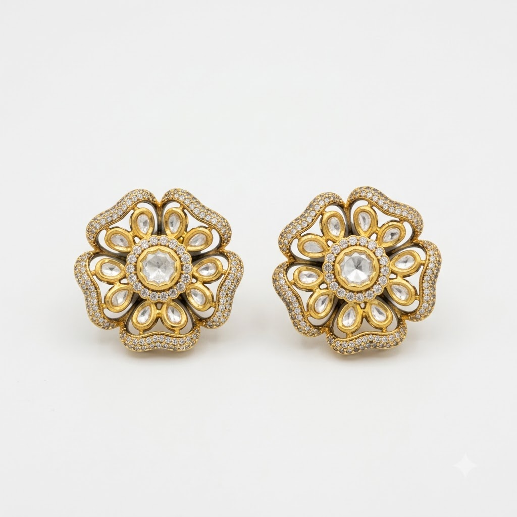 Vedilora Kundan Floral Stud Earrings – Elegant Gold-Tone Statement Jewellery