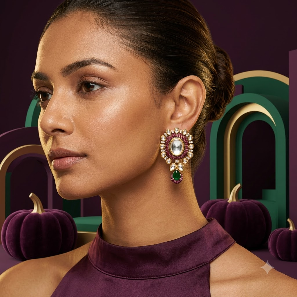 Vedilora Kundan Drop Earrings – Multicolor Stone & Gold-Tone Statement Earrings