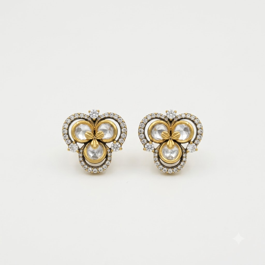 Vedilora Kundan Floral Stud Earrings – Elegant Gold-Tone Statement Jewellery