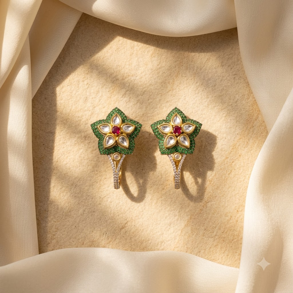 Vedilora Kundan Floral Drop Earrings – Green & White Statement Earrings