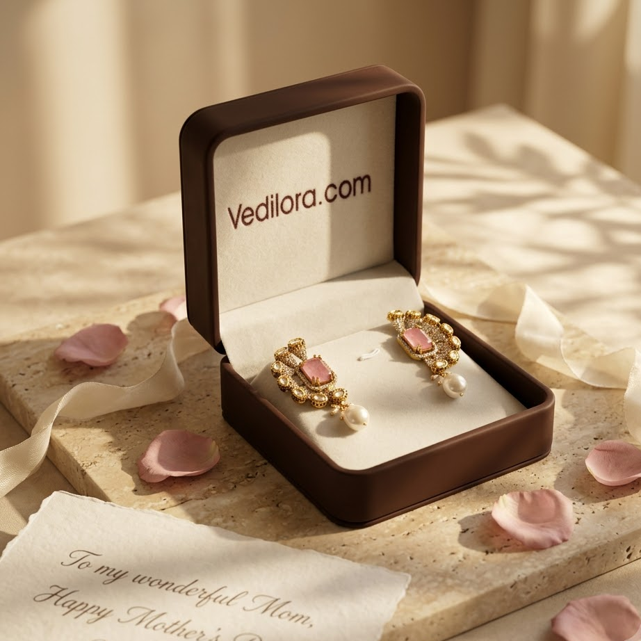 Vedilora Kundan Pearl Drop Earrings – Green & Pink Statement Ethnic Jewellery