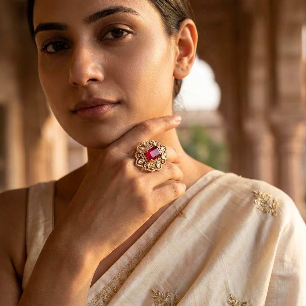 Royal Emerald Green Kundan Statement Ring for Women