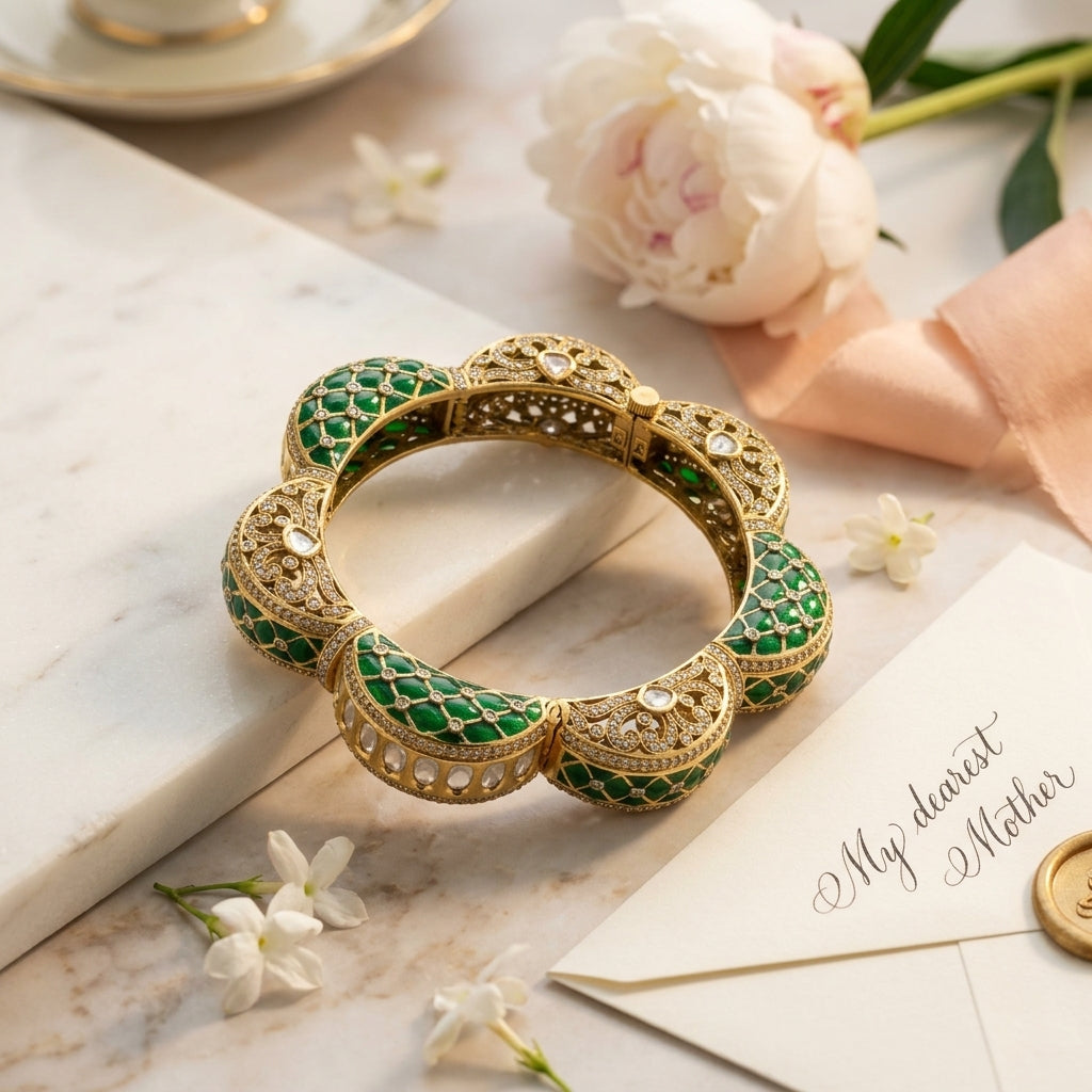 Luxury Emerald Green Kundan Polki Kada Bracelet for Women
