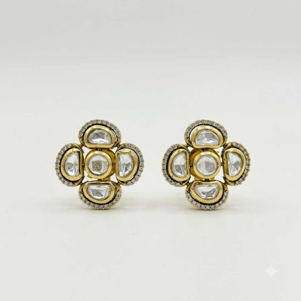 Vedilora Kundan Geometric Stud Earrings – Gold-Tone White Stone Statement Jewellery