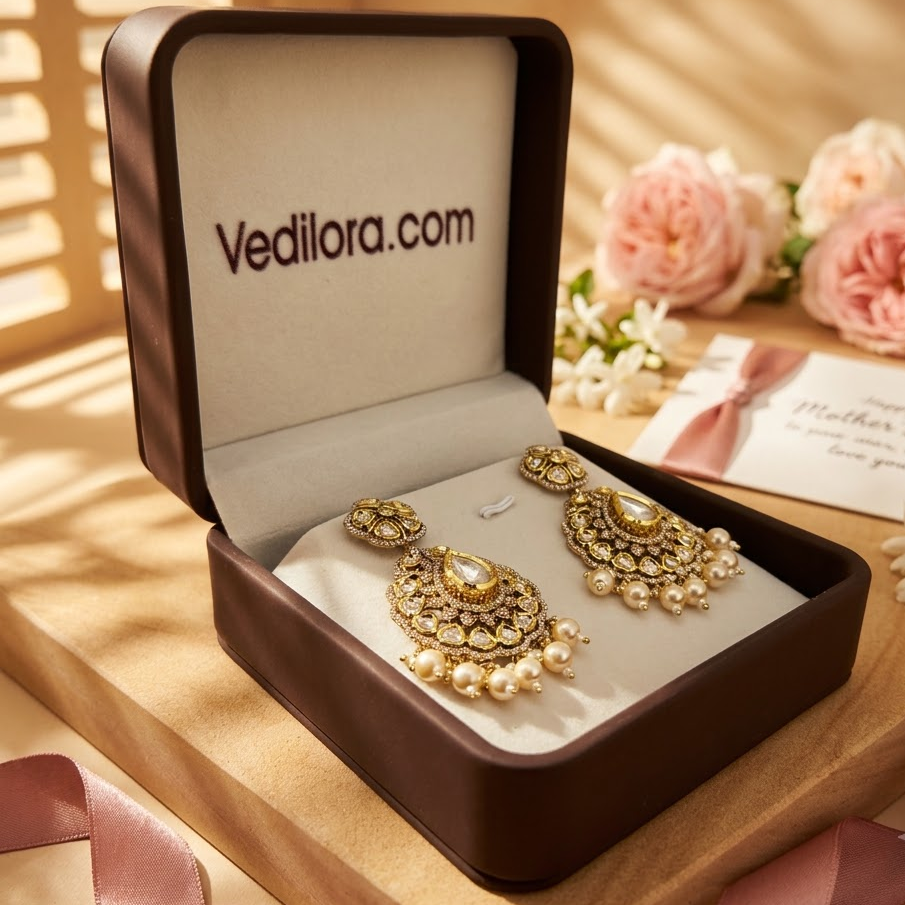 Vedilora Kundan Pearl Drop Earrings – Ruby, Green & White Statement Jewellery