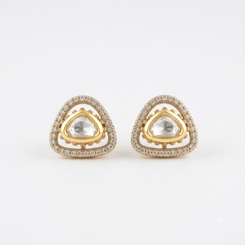 Vedilora Kundan Triangle Stud Earrings – Gold-Tone Crystal Statement Earrings