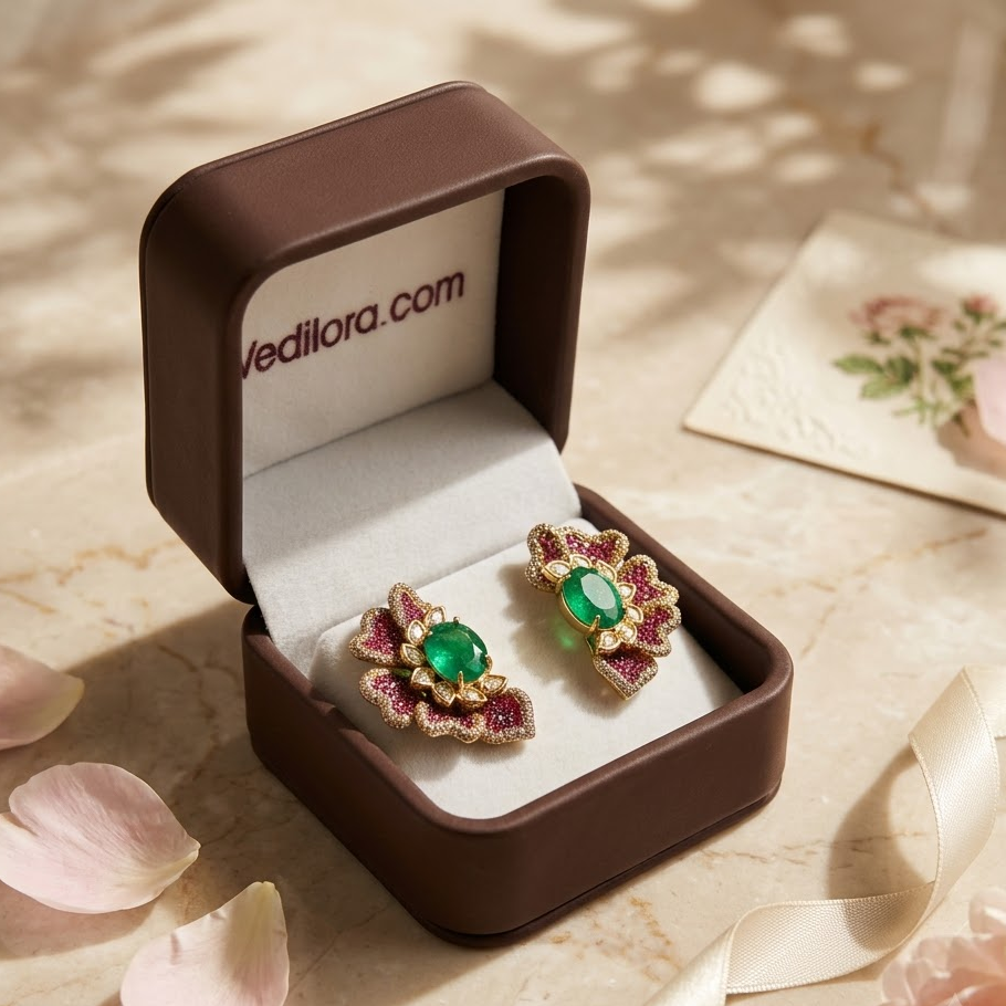 Vedilora Kundan Floral Stud Earrings – Green, Pink & Red Statement Jewellery