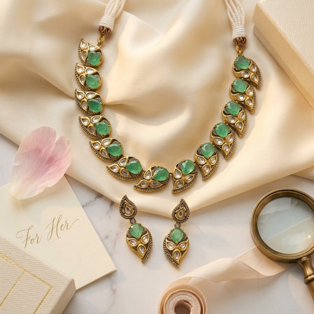 Mint Green Kundan-Inspired Necklace & Earrings Set