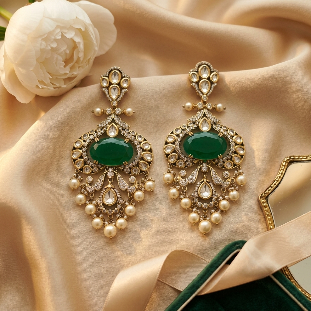 Emerald Green Kundan-Inspired Pearl Drop Earrings