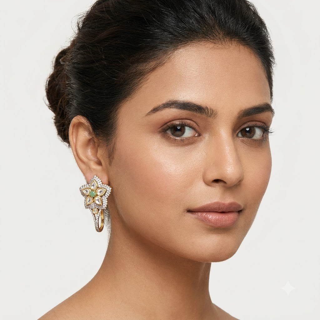 Vedilora Kundan Floral Drop Earrings – Green & White Statement Earrings