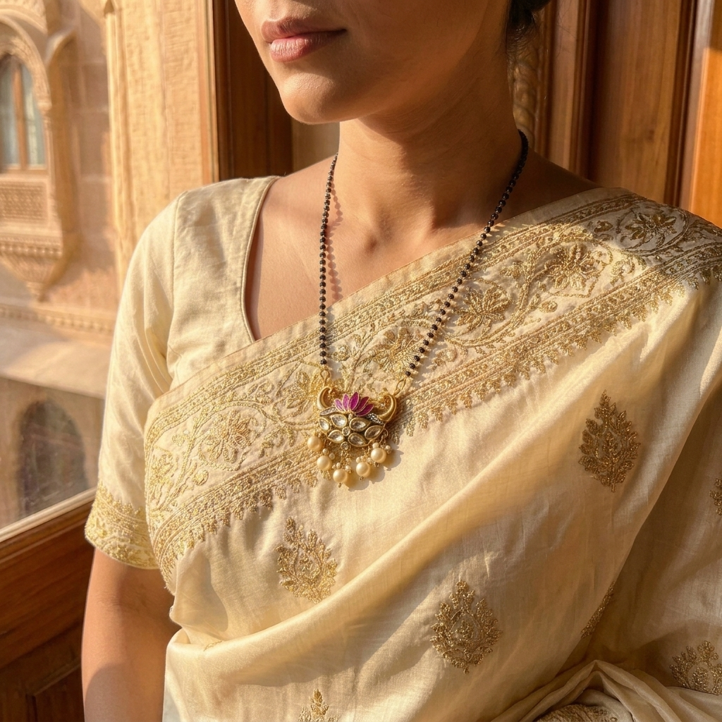 Ruby Lotus Pearl Mangalsutra – Gold-Finish Traditional Statement Necklace