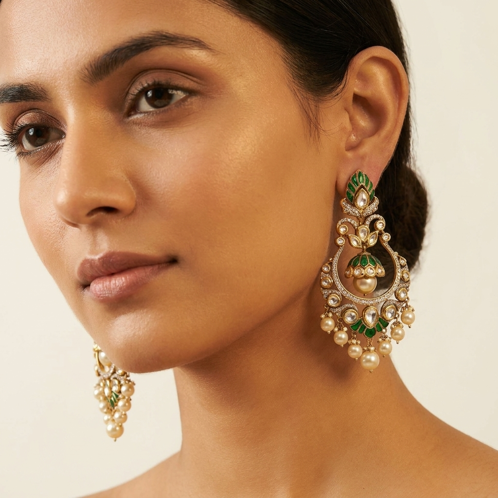 Traditional Kundan Chandbali Earrings – Green