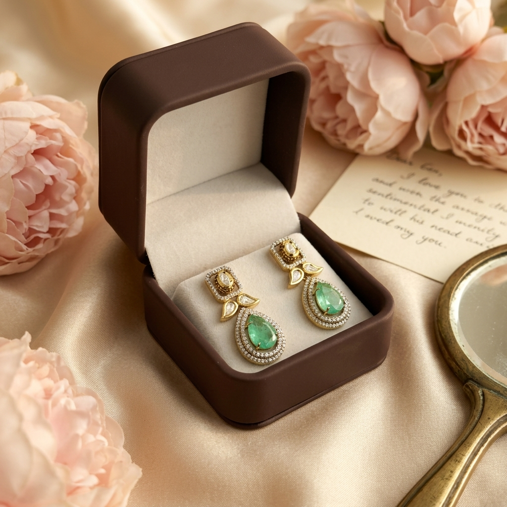 Emerald Green Teardrop Earrings – Gold-Finish Crystal Statement Earrings
