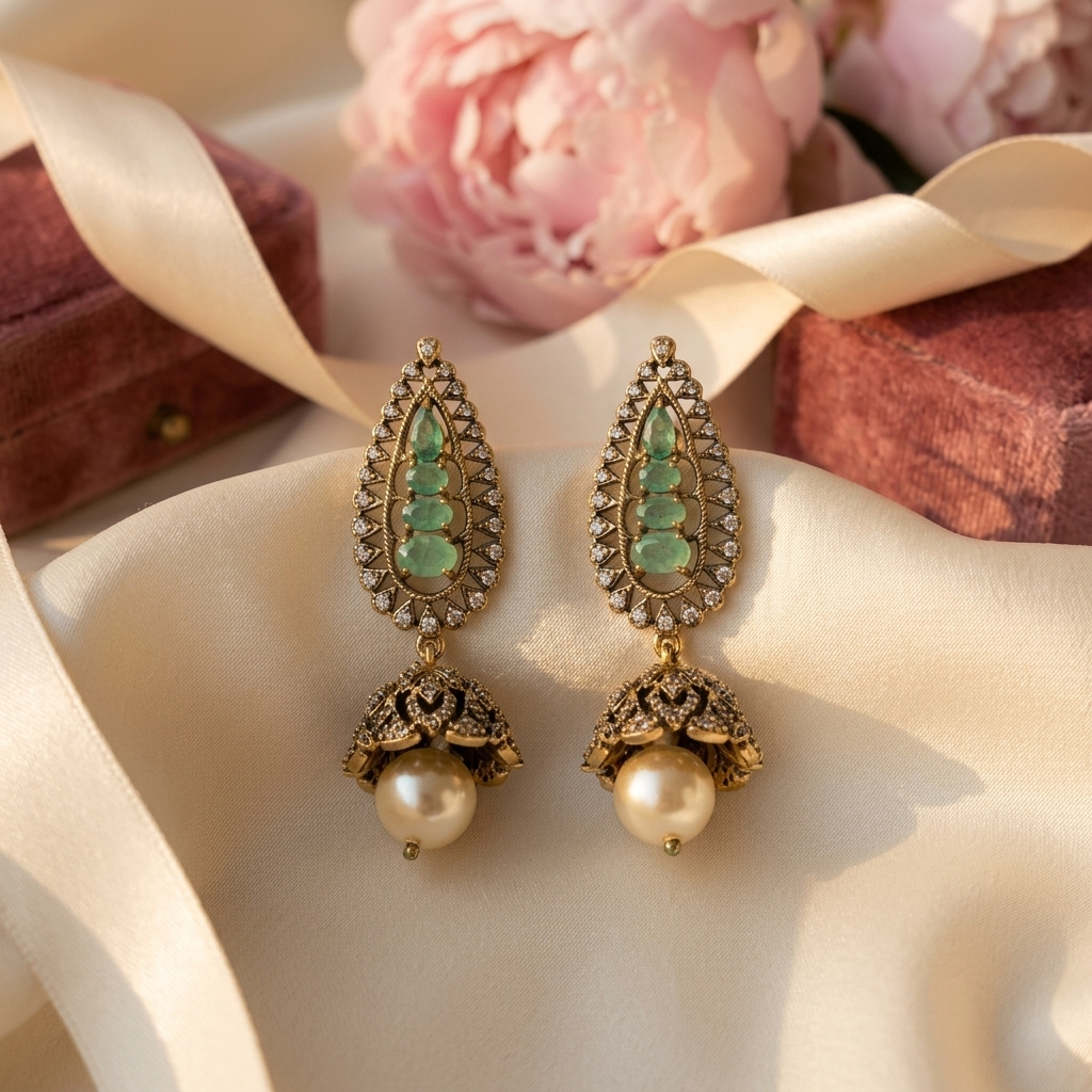 Elegant Green Kundan-Inspired Pearl Jhumka Earrings
