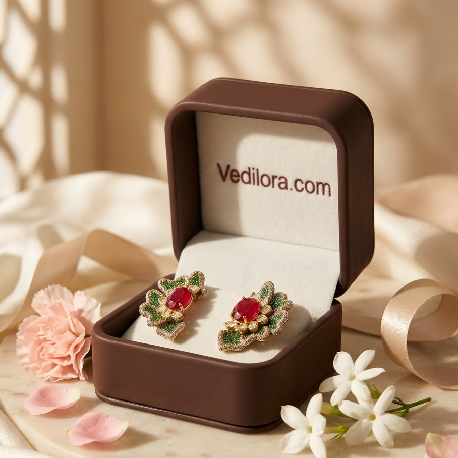 Vedilora Kundan Floral Stud Earrings – Green, Pink & Red Statement Jewellery