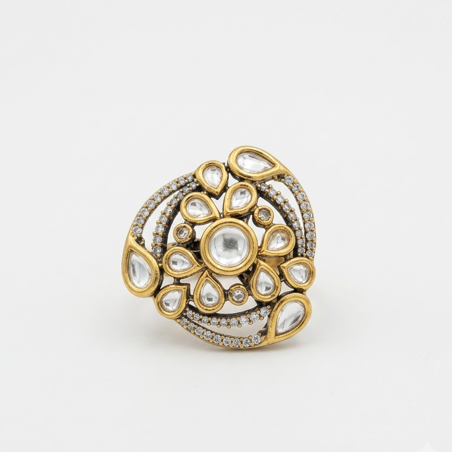 Vedilora Royal Kundan Floral Statement Ring Free Size / Adjustable Fit