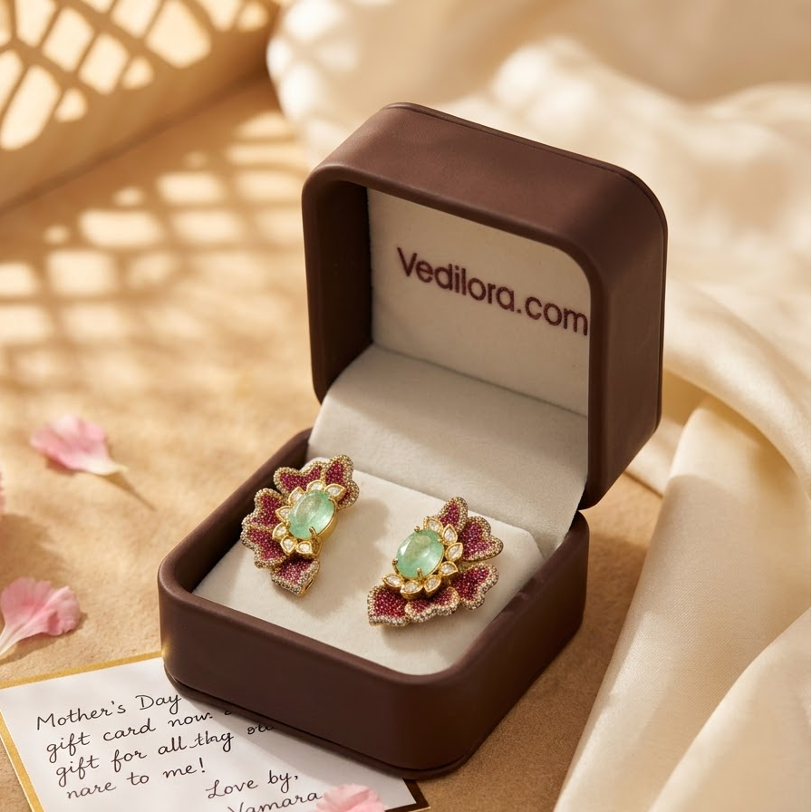 Vedilora Kundan Floral Stud Earrings – Green, Pink & Red Statement Jewellery