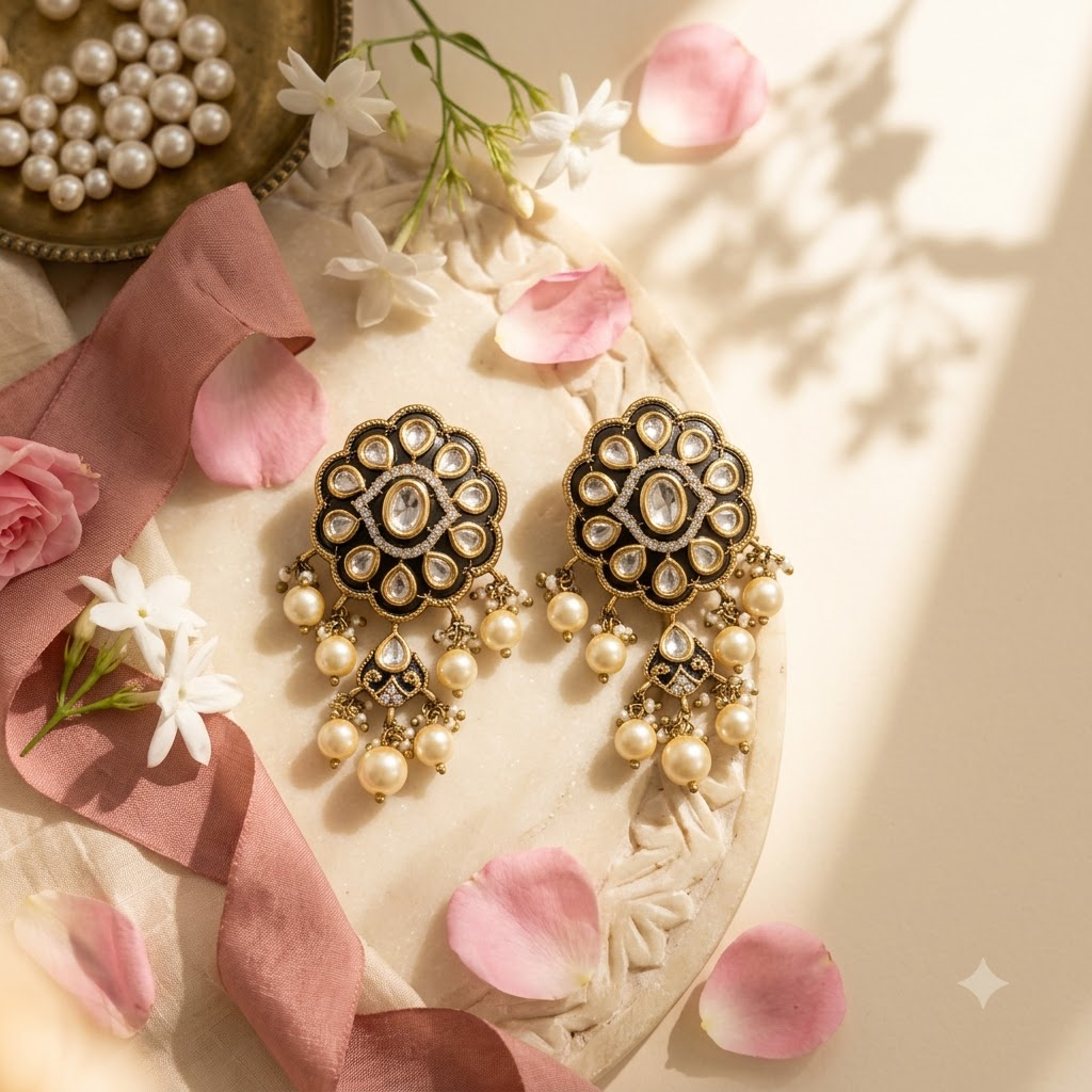 Vedilora Kundan Pearl Chandbali Earrings – Traditional Gold-Tone Statement Jewellery