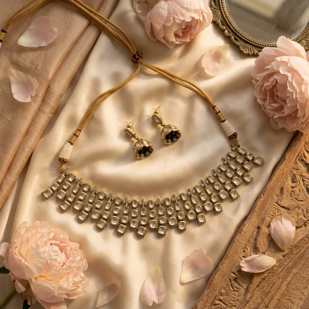 Royal Kundan-Inspired White Stone Necklace & Earrings Set