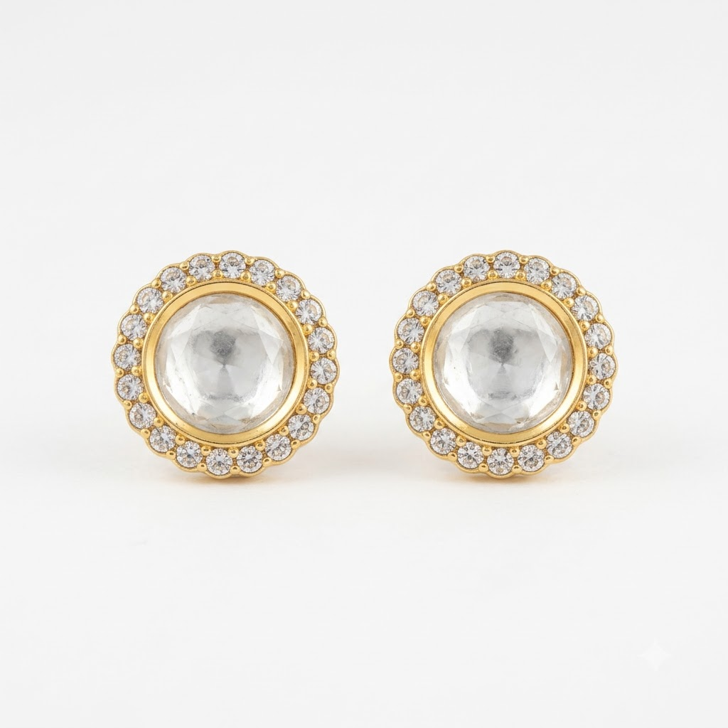 Vedilora Kundan Round Stud Earrings – Gold-Tone Crystal Statement Earrings