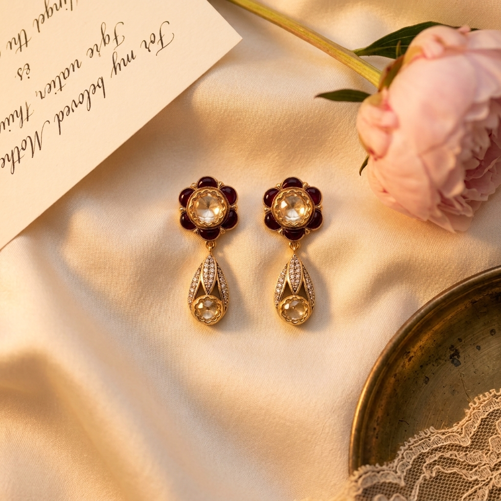 Elegant Ruby Pink Kundan-Inspired Drop Earrings