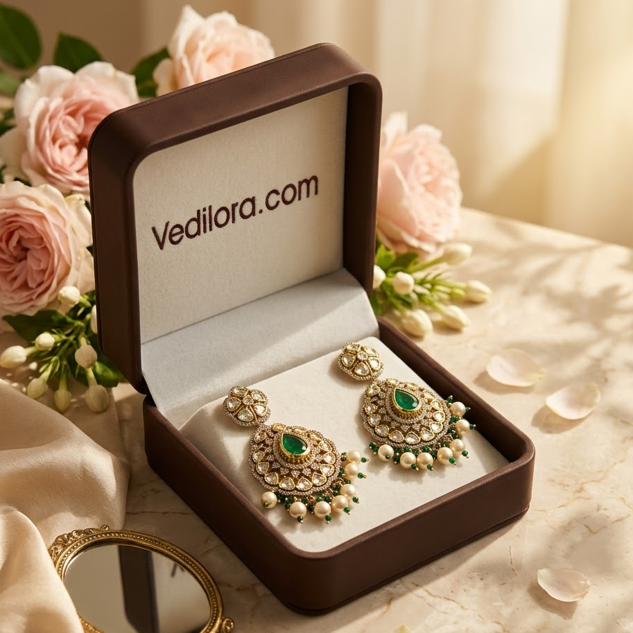 Vedilora Kundan Pearl Drop Earrings – Ruby, Green & White Statement Jewellery