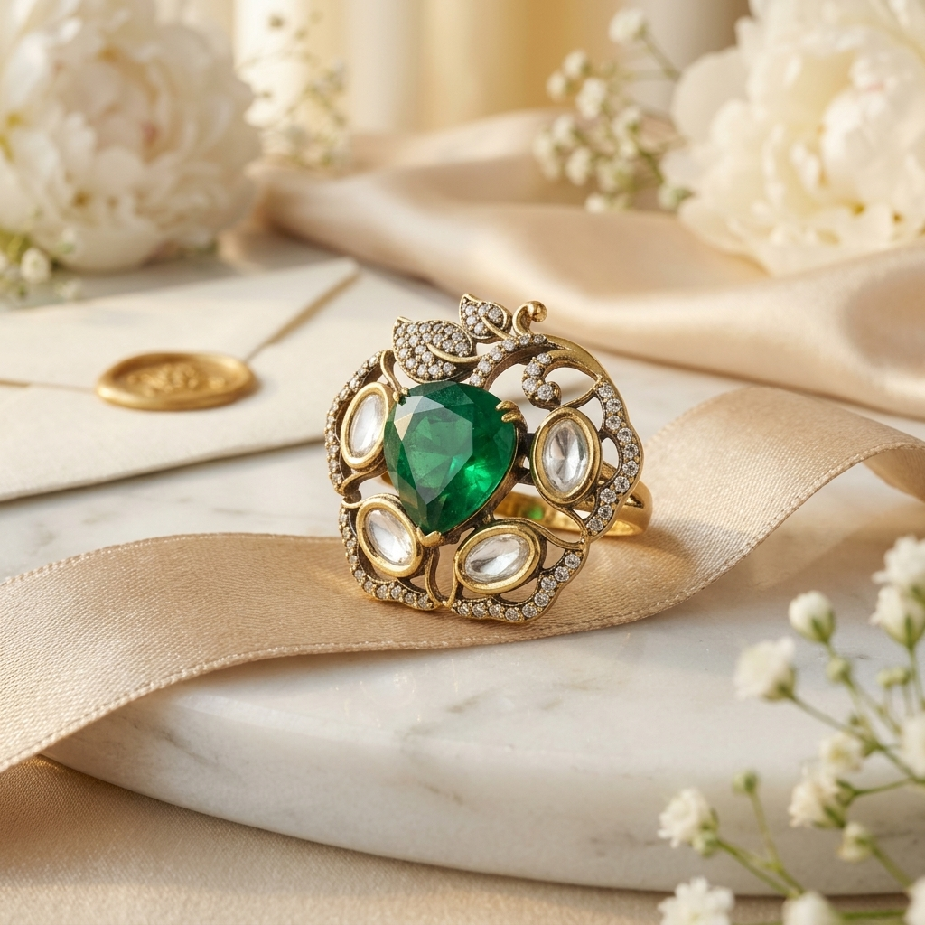 Floral Stone Ethnic Ring – Green