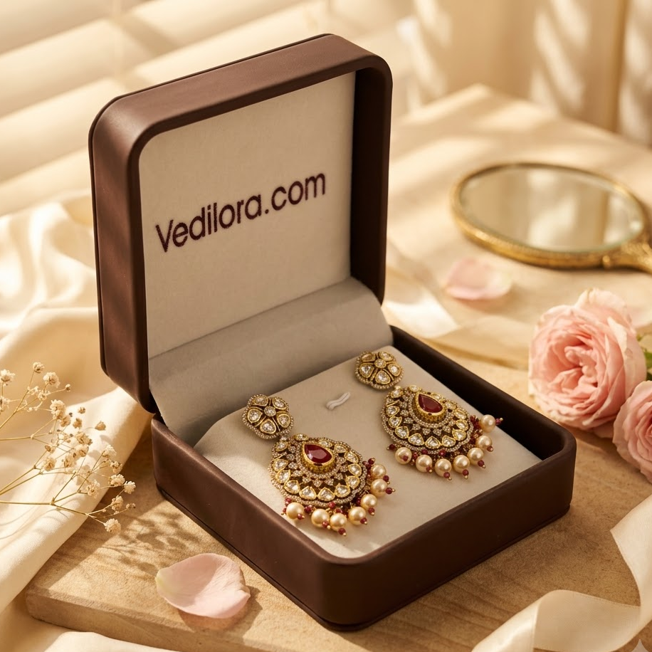 Vedilora Kundan Pearl Drop Earrings – Ruby, Green & White Statement Jewellery