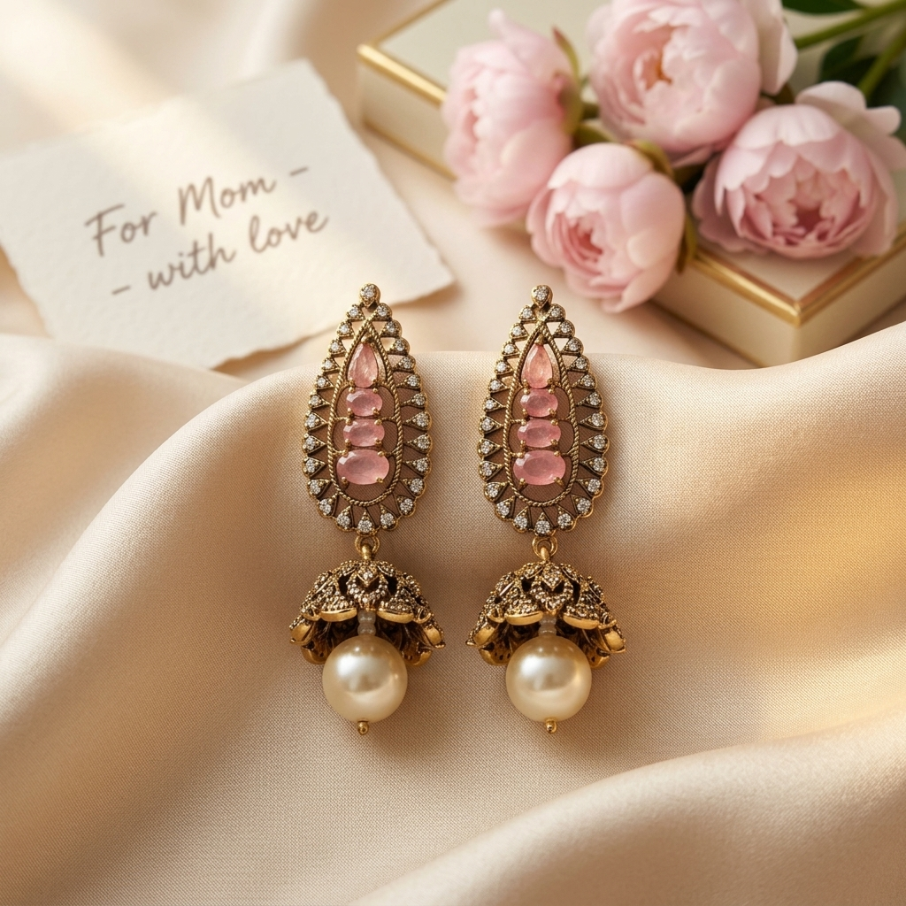 Elegant Pink Kundan-Inspired Pearl Jhumka Earrings
