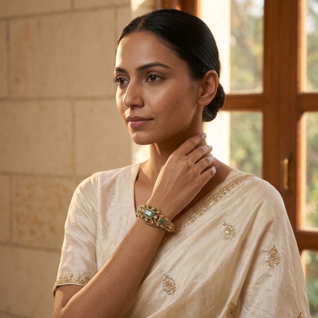 Emerald Green Kundan-Inspired Statement Bangle