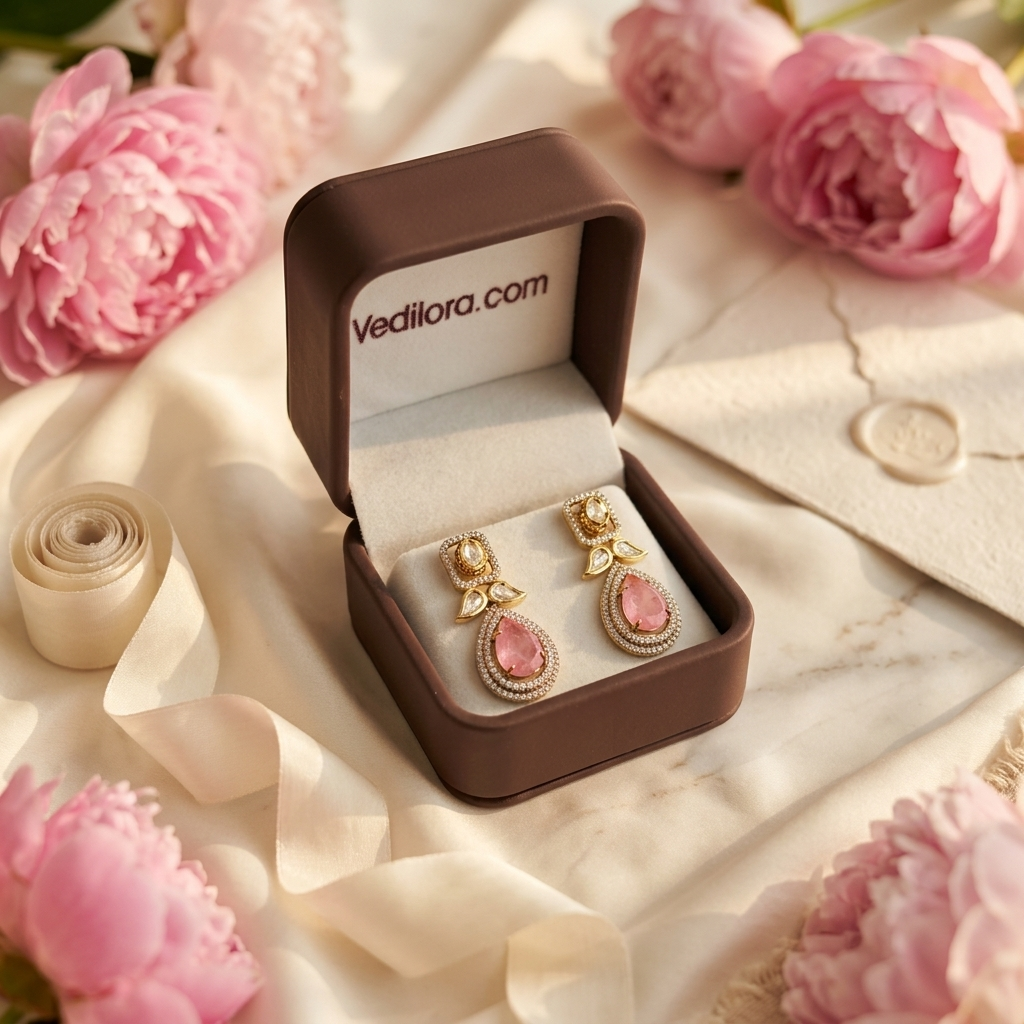 Blush Pink Teardrop Earrings – Gold-Finish Crystal Statement Earrings