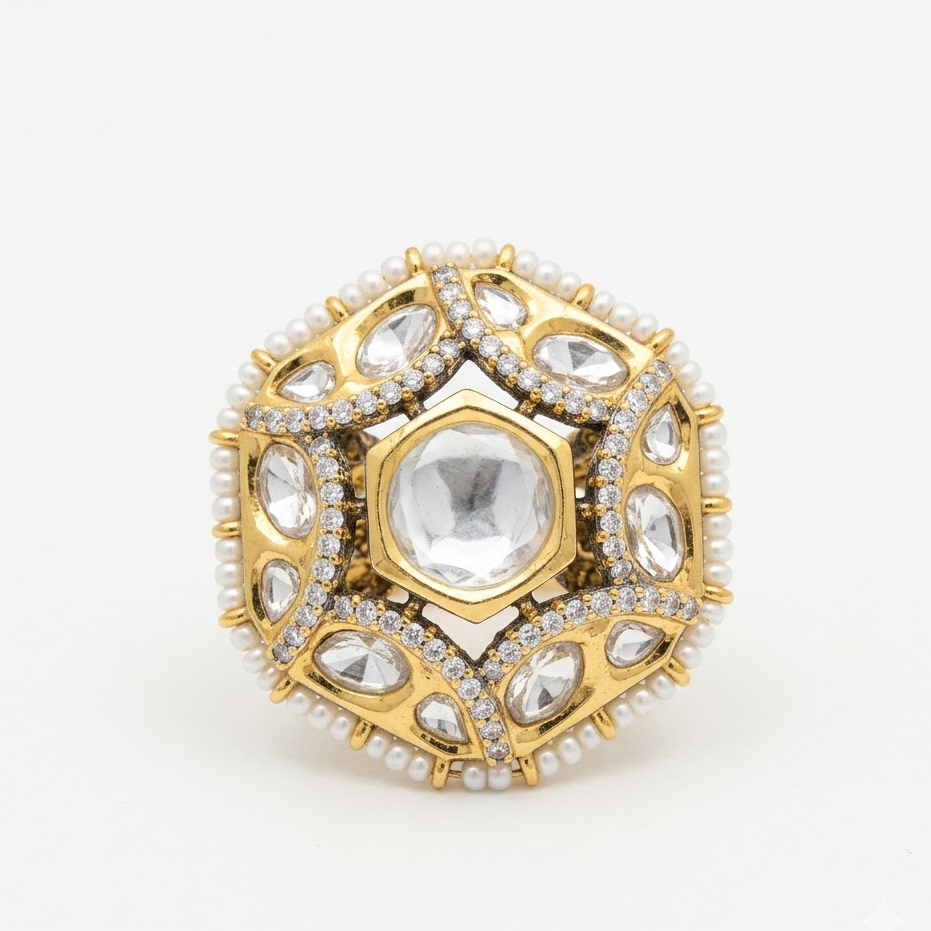 Vedilora Kundan Pearl Statement Ring – Gold-Tone Designer Ring Size: Free Size / Adjustable