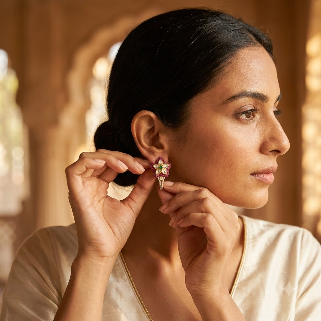 Vedilora Kundan Floral Drop Earrings – Green & White Statement Earrings