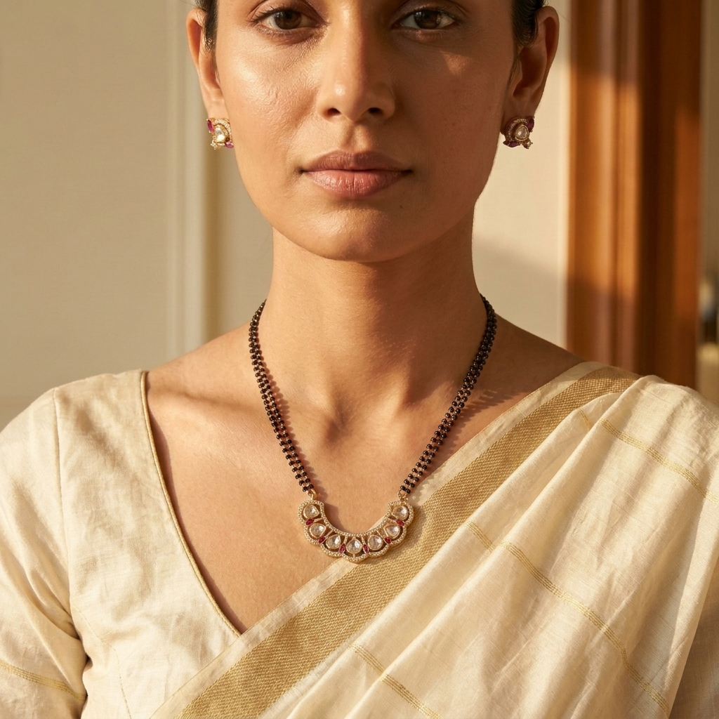 Ruby & Polki Inspired Gold-Plated Mangalsutra Necklace Set with Earrings