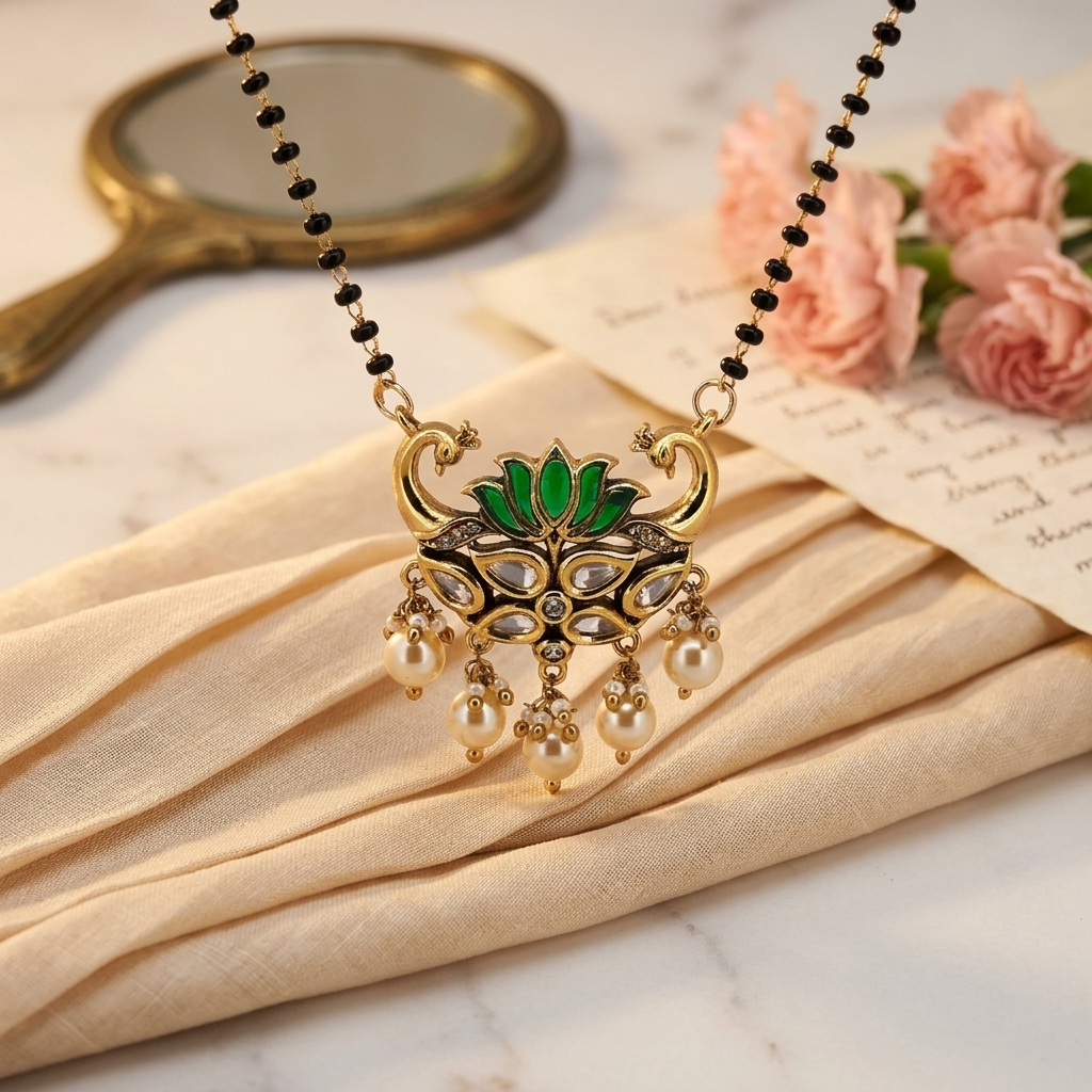 Elegant Green Lotus Pearl Mangalsutra – Gold-Finish Statement Pendant