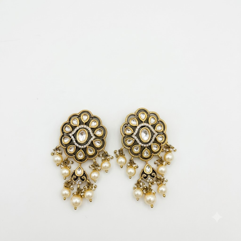 Vedilora Kundan Pearl Chandbali Earrings – Traditional Gold-Tone Statement Jewellery