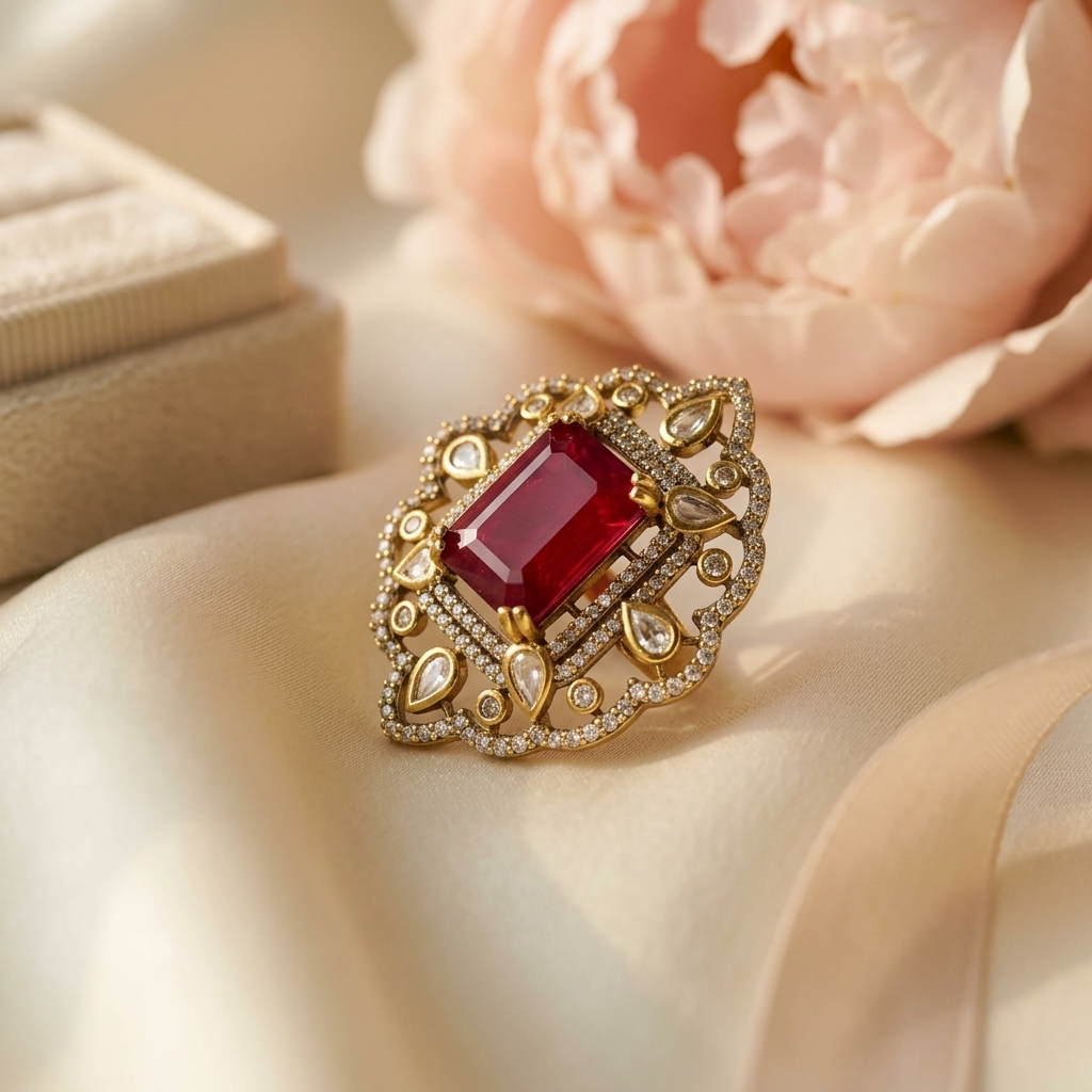 Royal Emerald Green Kundan Statement Ring for Women