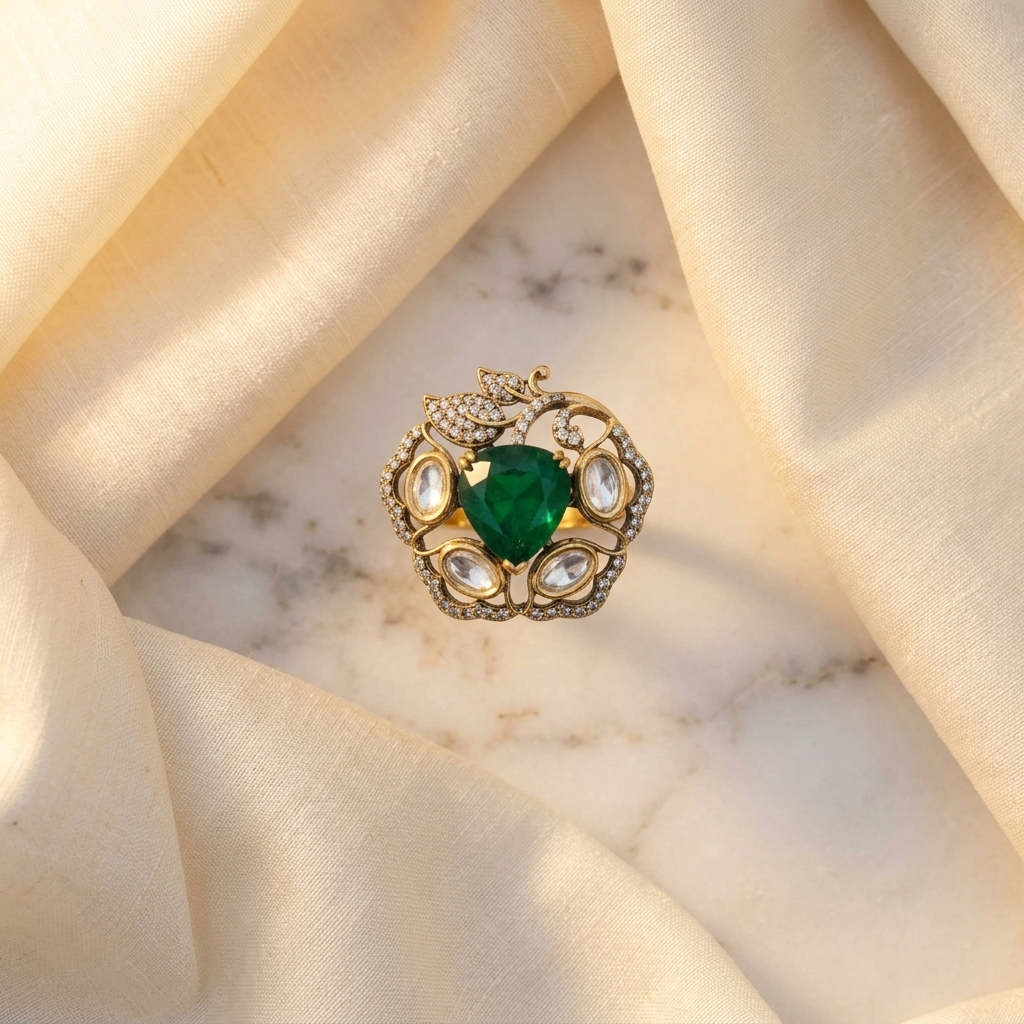 Floral Stone Ethnic Ring – Green