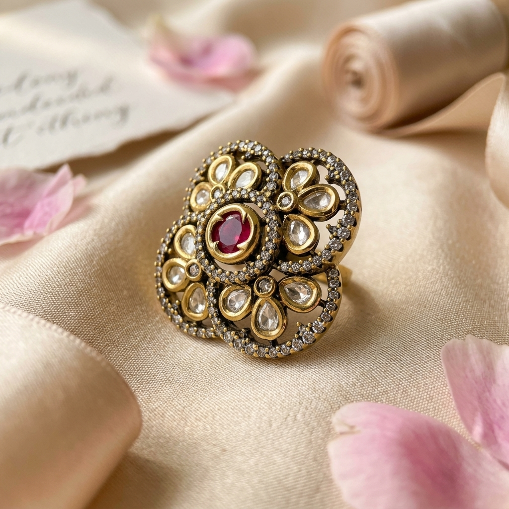 Ruby Floral Kundan Statement Ring