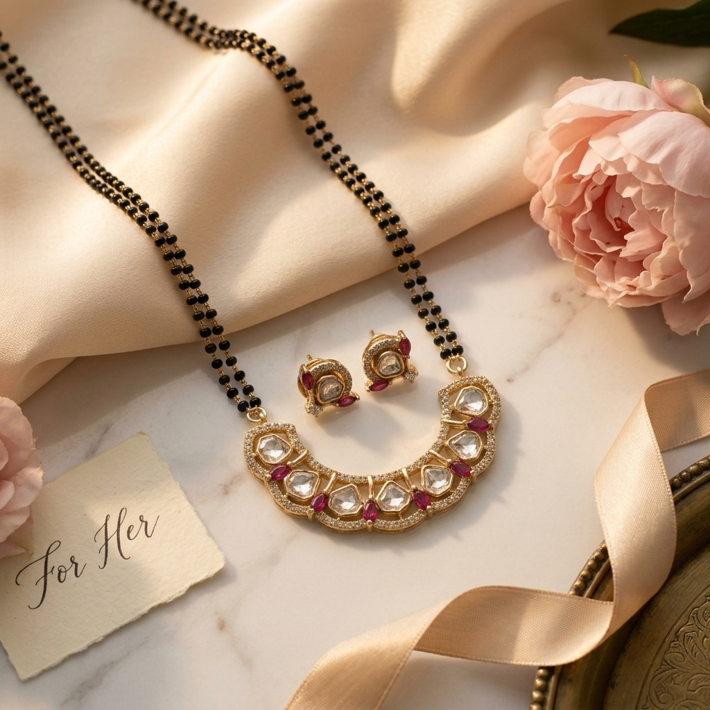 Ruby & Polki Inspired Gold-Plated Mangalsutra Necklace Set with Earrings