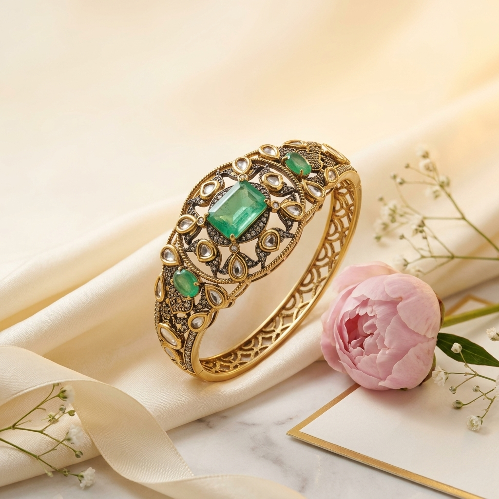 Emerald Green Kundan-Inspired Statement Bangle
