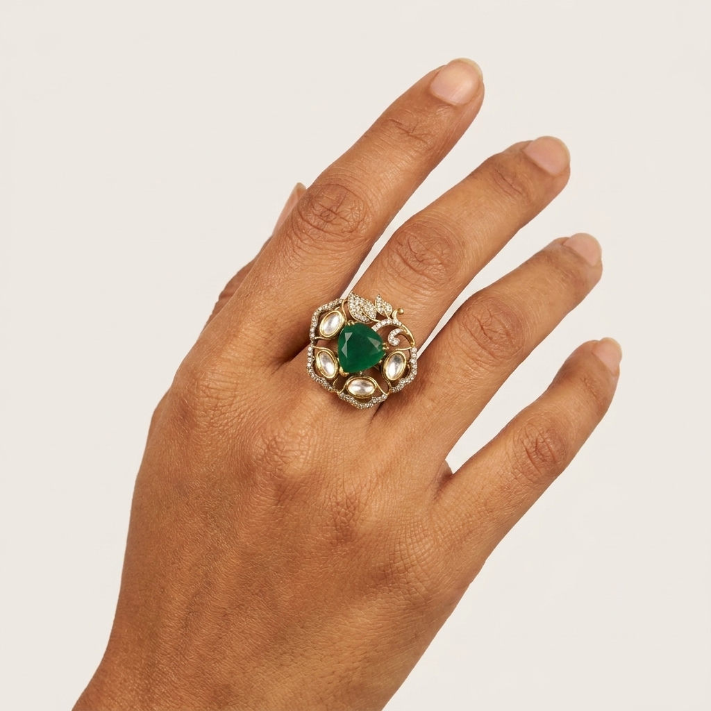 Floral Stone Ethnic Ring – Green
