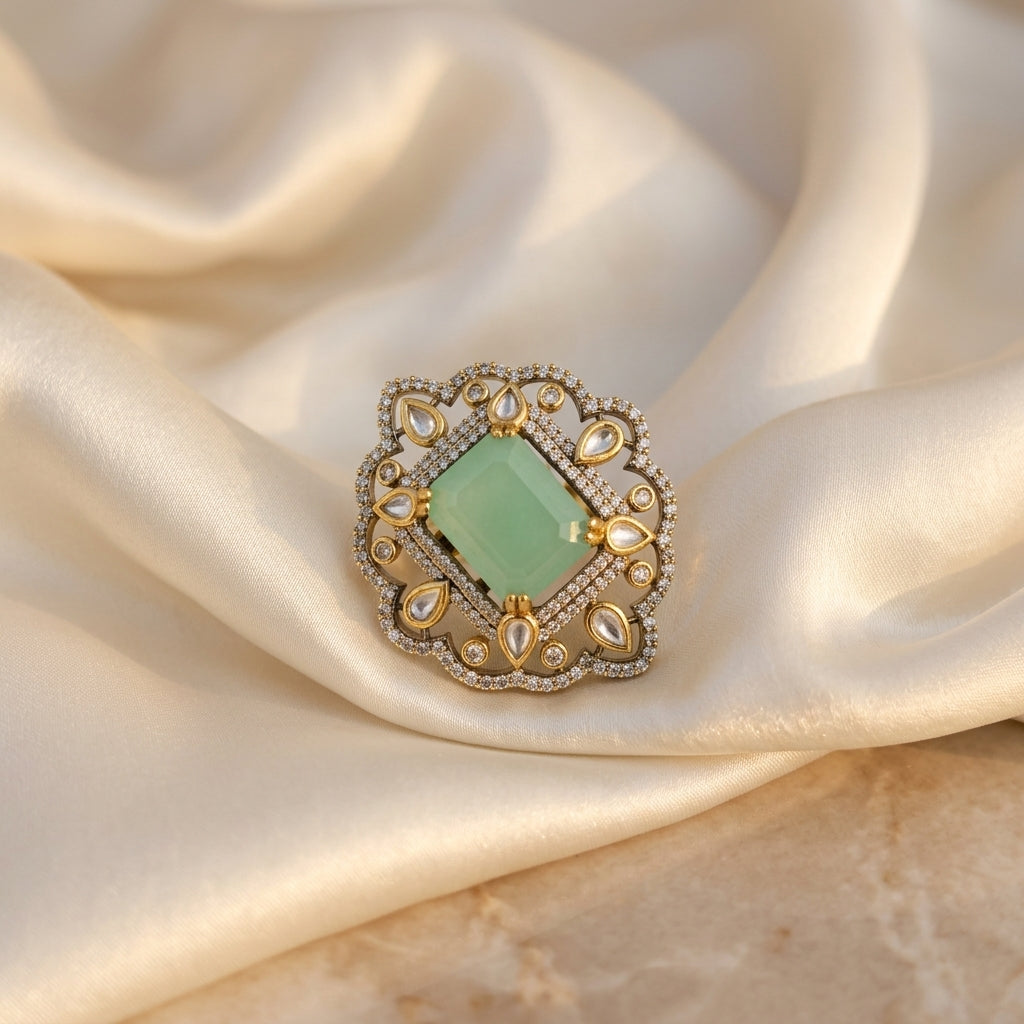 Royal Emerald Green Kundan Statement Ring for Women