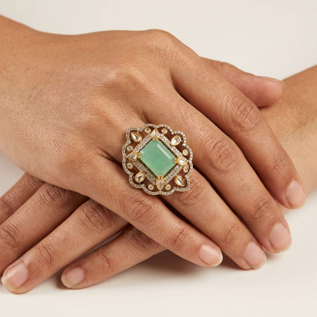 Royal Emerald Green Kundan Statement Ring for Women