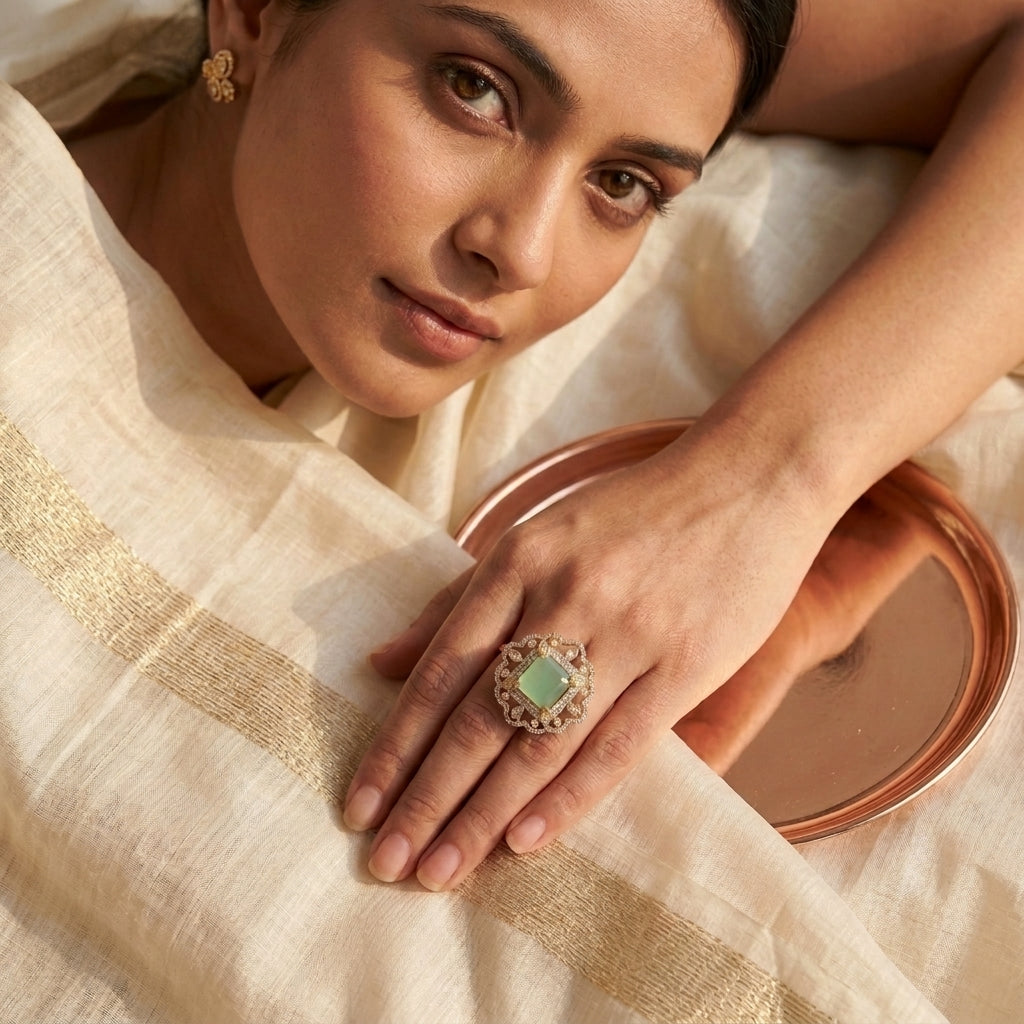 Royal Emerald Green Kundan Statement Ring for Women