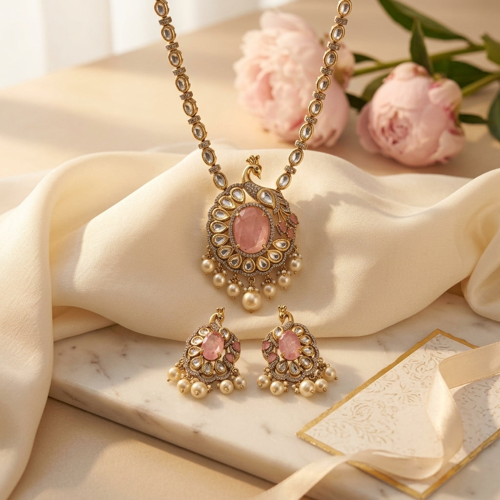 Royal Blush Pink Peacock Kundan Necklace Set with Earrings